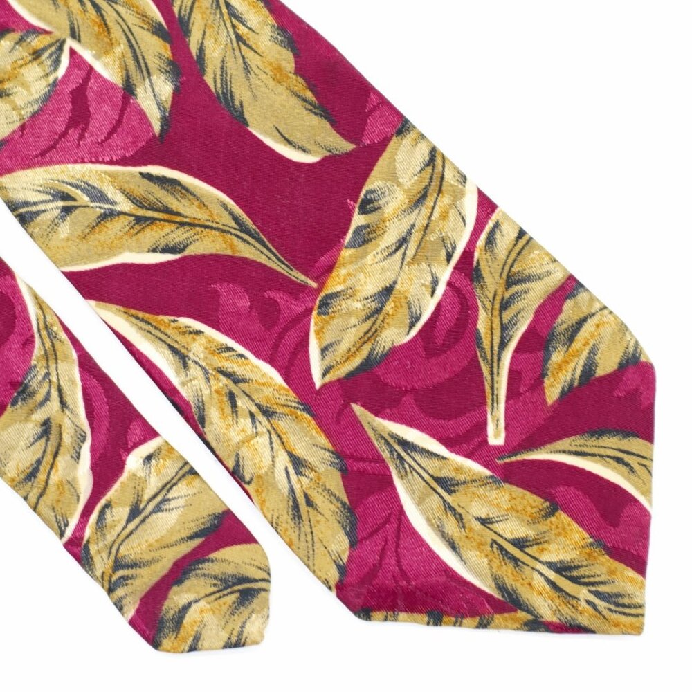 Envoy Limited Edition Jacquard Print Red Brown Tropical Leaf Short Silk‎ Tie
